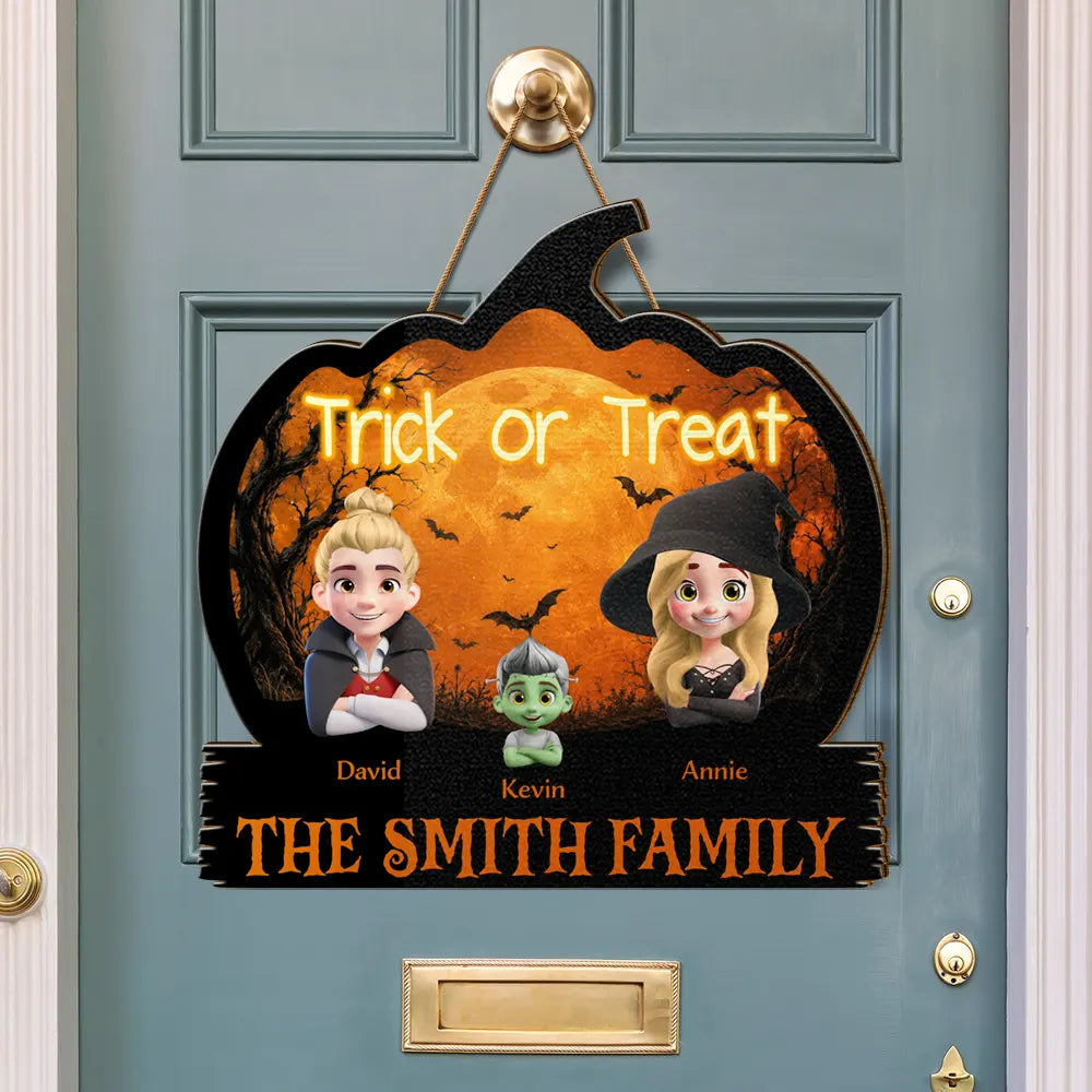 Adorable,Halloween,Family - Halloween Family Trick Or Treat - Personalized Custom Shaped Wood Sign