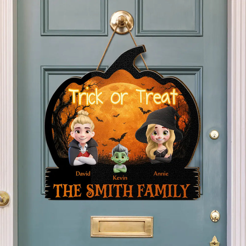 Adorable,Halloween,Family - Halloween Family Trick Or Treat - Personalized Custom Shaped Wood Sign