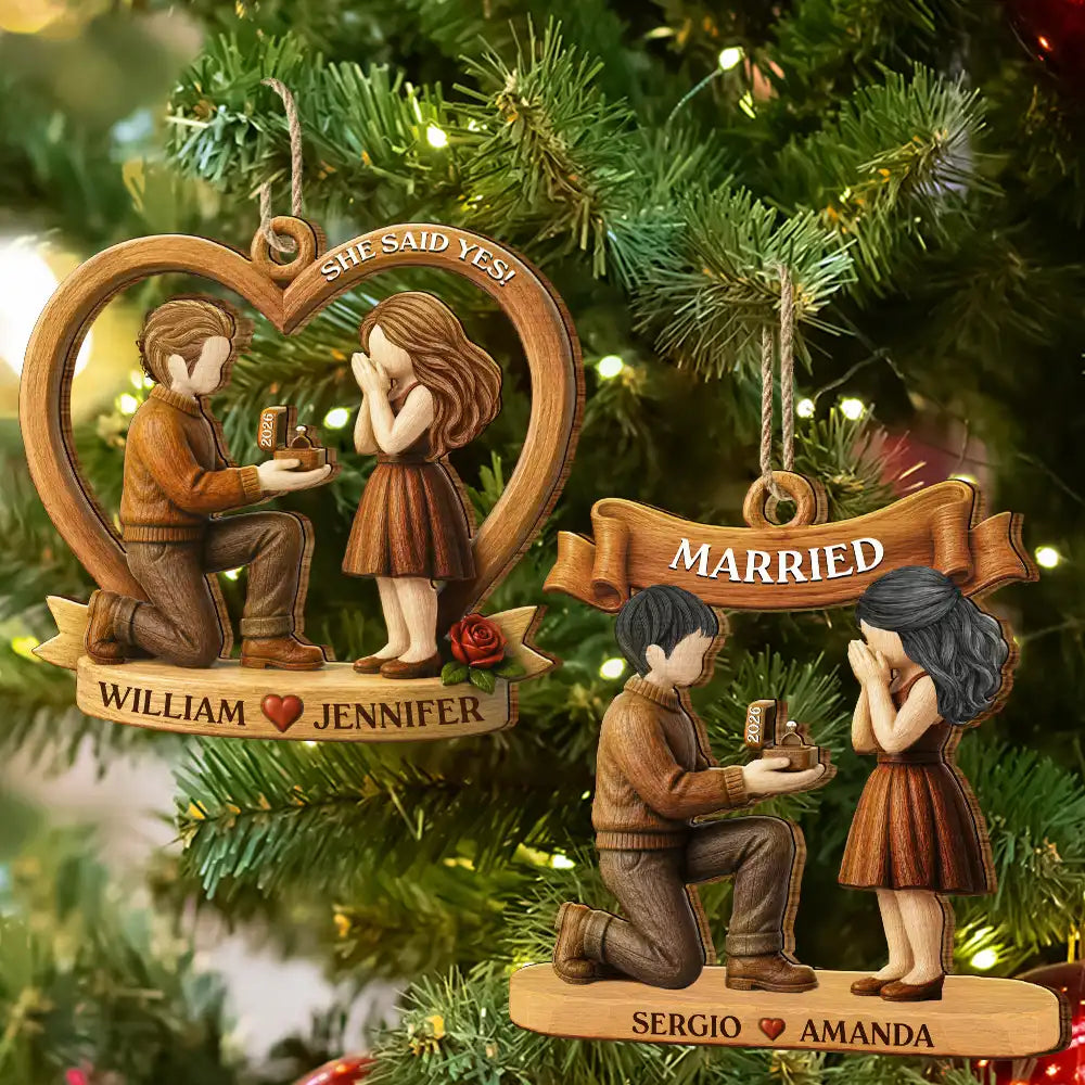 Christmas,Romantic,Gift For Couples,Vector - She Said Yes First Christmas Married Engaged Couple - Personalized Custom Shaped Wooden Ornament