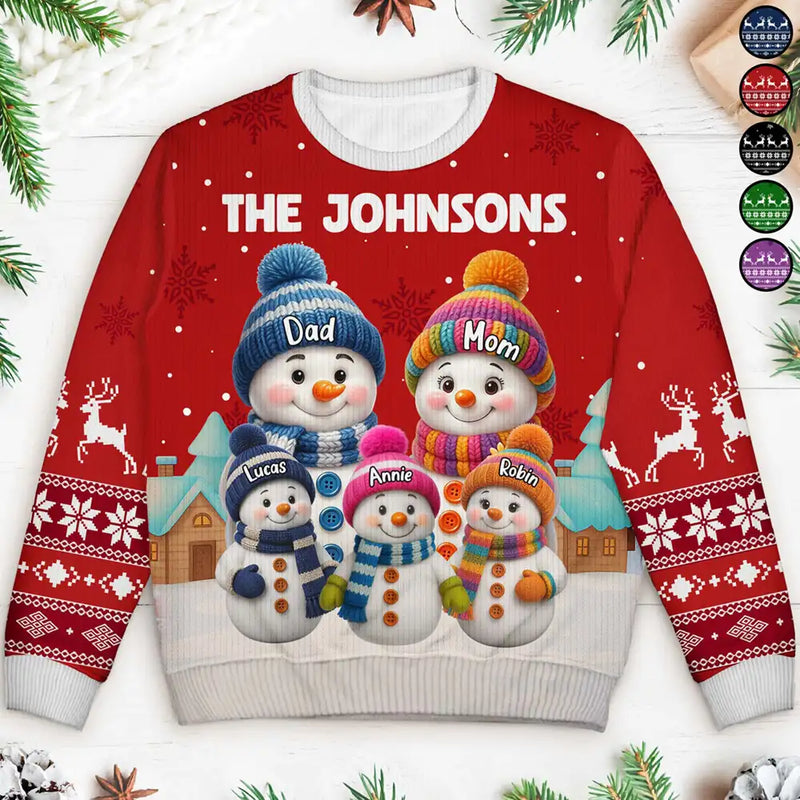 Christmas,Cozy,Family,Icon - Family Snowmen 3D Effect - Personalized Unisex Ugly Sweater
