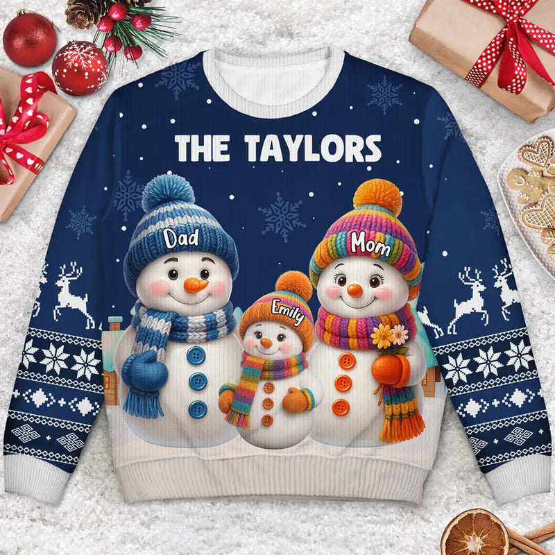 Christmas,Cozy,Family,Icon - Family Snowmen 3D Effect - Personalized Unisex Ugly Sweater