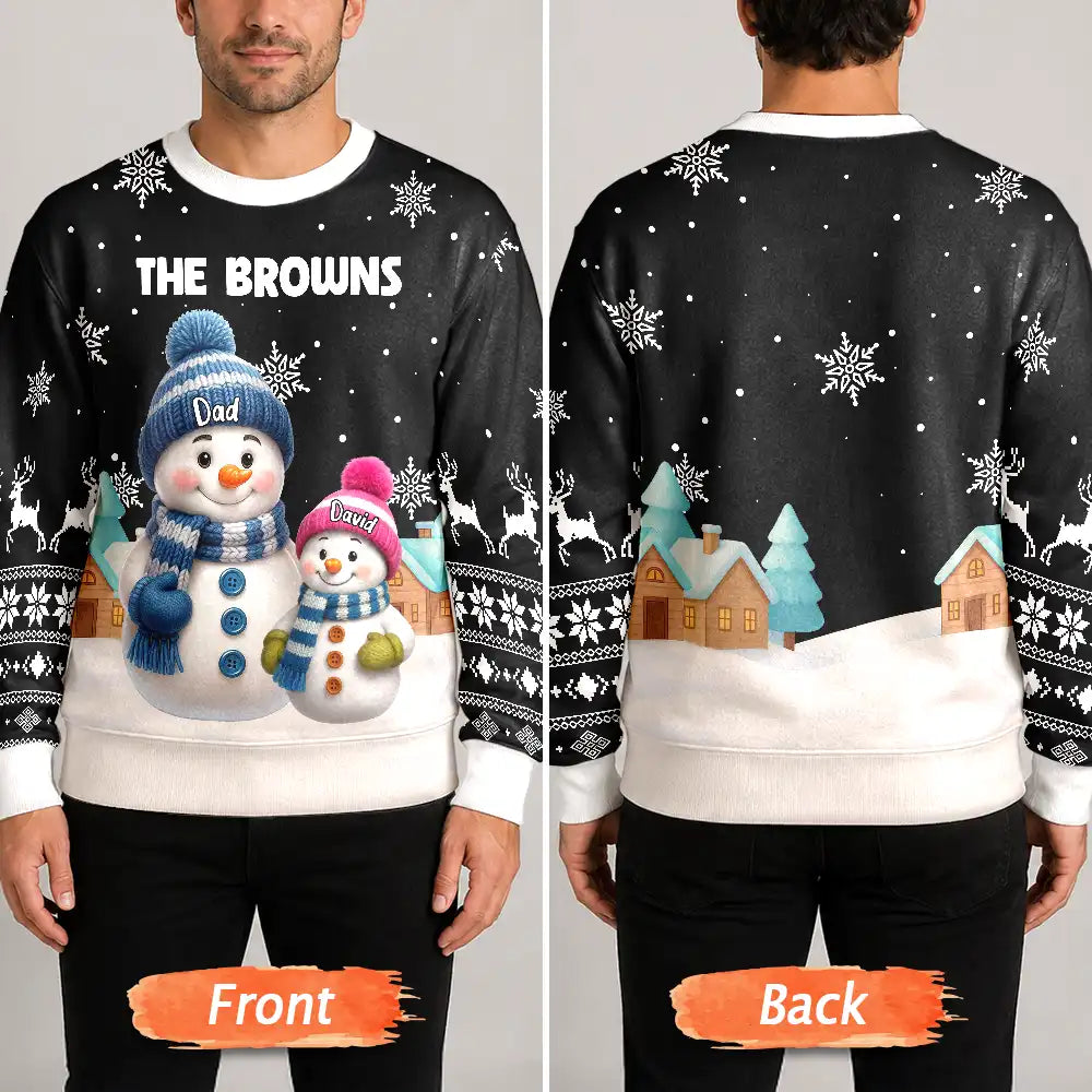 Christmas,Cozy,Family,Icon - Family Snowmen 3D Effect - Personalized Unisex Ugly Sweater