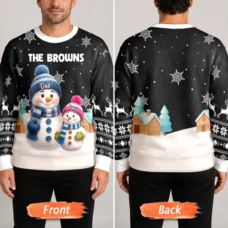 Christmas,Cozy,Family,Icon - Family Snowmen 3D Effect - Personalized Unisex Ugly Sweater
