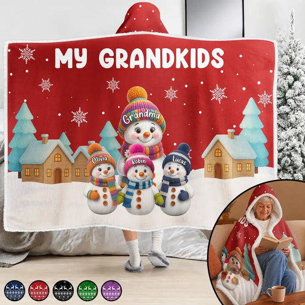 Adorable,Christmas,Gift For Grandma,Icon - My Grandkids Snowmen 3D Effect - Personalized Wearable Hooded Blanket