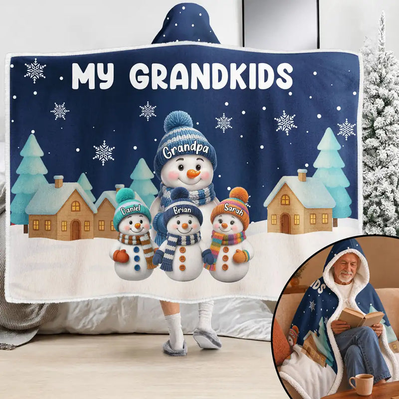 Adorable,Christmas,Gift For Grandma,Icon - My Grandkids Snowmen 3D Effect - Personalized Wearable Hooded Blanket