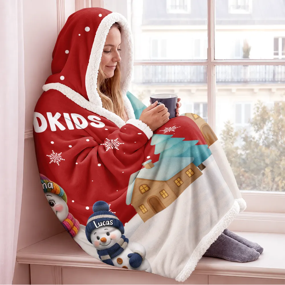 Adorable,Christmas,Gift For Grandma,Icon - My Grandkids Snowmen 3D Effect - Personalized Wearable Hooded Blanket