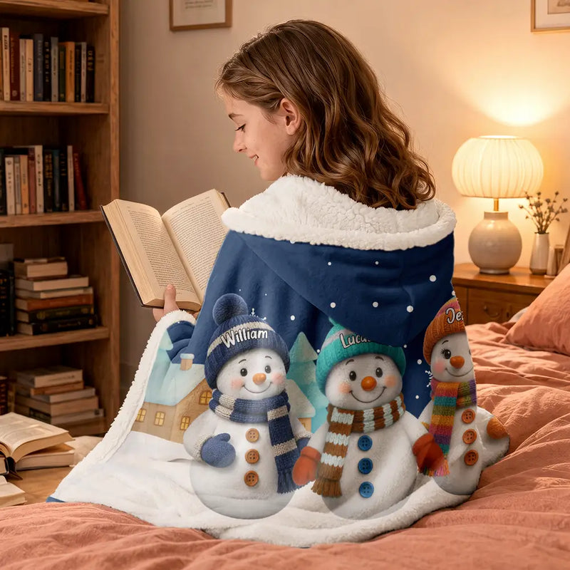 Adorable,Christmas,Gift For Grandma,Icon - My Grandkids Snowmen 3D Effect - Personalized Wearable Hooded Blanket
