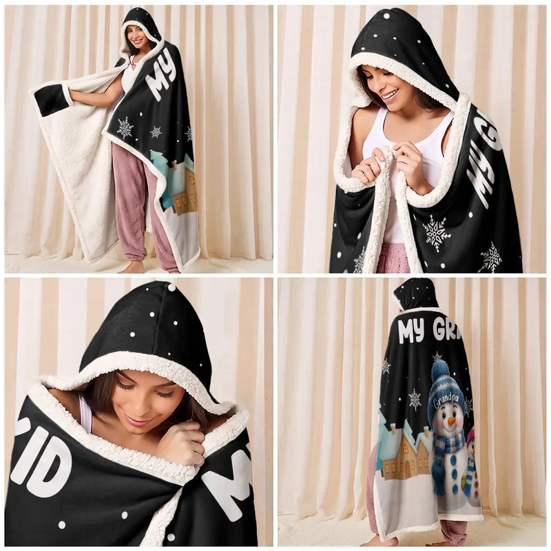 Adorable,Christmas,Gift For Grandma,Icon - My Grandkids Snowmen 3D Effect - Personalized Wearable Hooded Blanket
