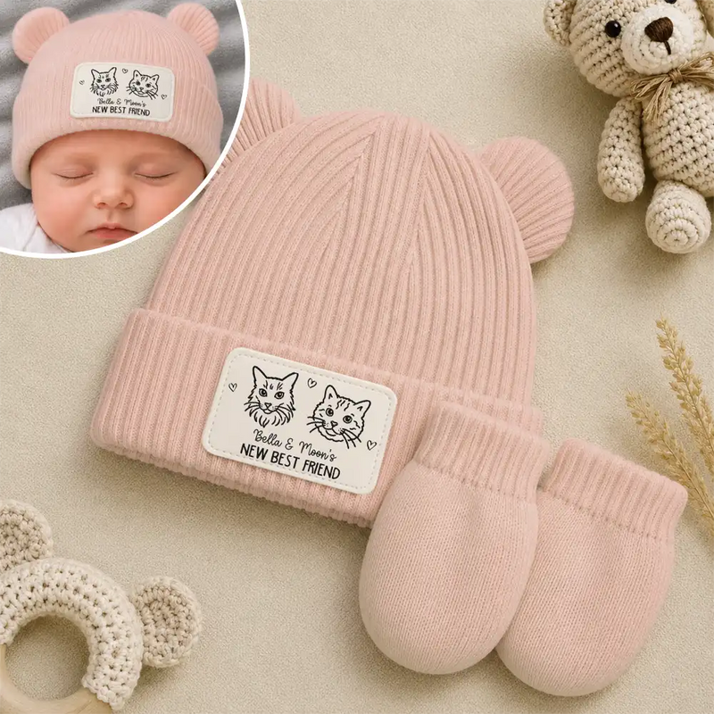 Adorable,Pet Mom,New Baby,Christmas,Gift For Mother,Pet Lovers,Vector - Dog Cat New Best Friend New Baby - Personalized Baby Beanie And Mittens