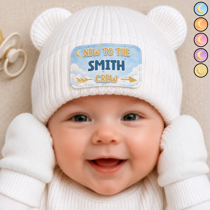 Adorable,New Baby,New Mom,Christmas,Gift For Mother,Custom Text - New To Family Crew - Personalized Baby Beanie And Mittens