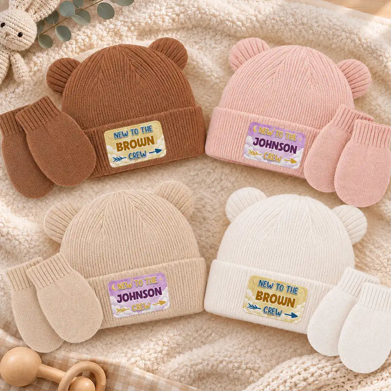 Adorable,New Baby,New Mom,Christmas,Gift For Mother,Custom Text - New To Family Crew - Personalized Baby Beanie And Mittens