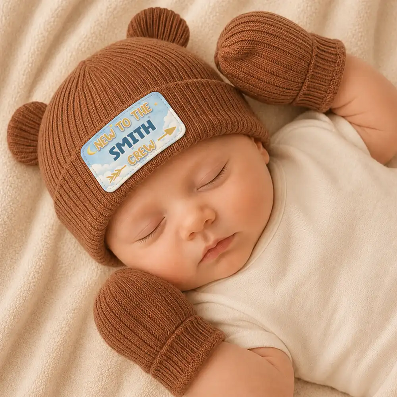 Adorable,New Baby,New Mom,Christmas,Gift For Mother,Custom Text - New To Family Crew - Personalized Baby Beanie And Mittens