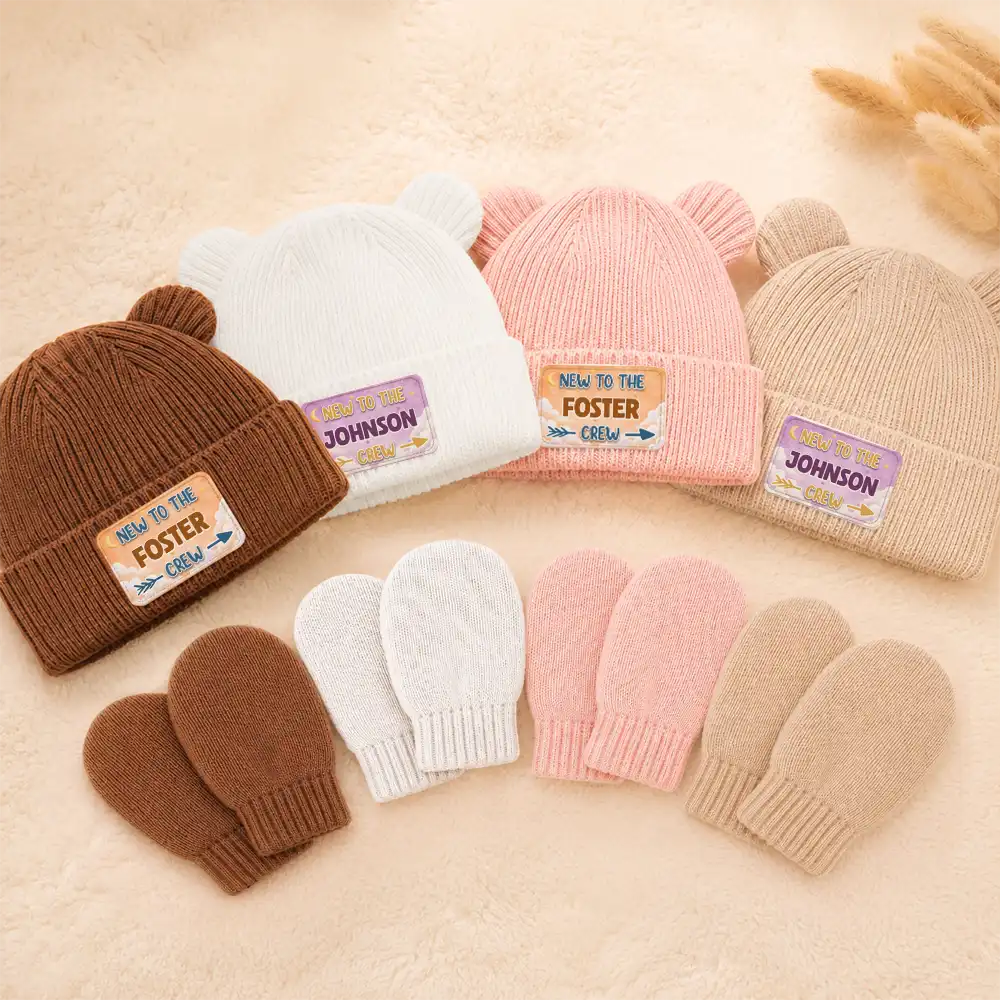 Adorable,New Baby,New Mom,Christmas,Gift For Mother,Custom Text - New To Family Crew - Personalized Baby Beanie And Mittens