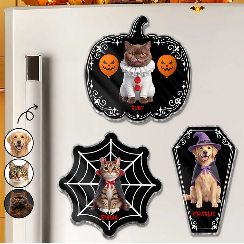 Art Design,Playful,Halloween,Pet Lovers,Photo - Halloween Theme Accessories 3D Cartoon - Custom Photo 3D Halloween Themed Pet Spooky Costume Portrait - Personalized Acrylic Magnet