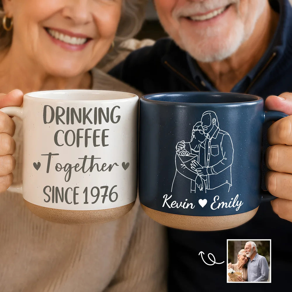 Custom Photo Faceless Outline Sketch Couple Anniversary Drinking Coffee Together - Personalized Pottery Mug