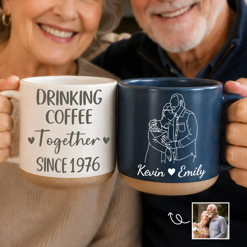 Art Design,Anniversary,Christmas,Old Couples,Romantic,Gift For Couples,Photo - Faceless Outline Sketch - Custom Photo Faceless Outline Sketch Couple Anniversary Drinking Coffee Together - Personalized Pottery Mug