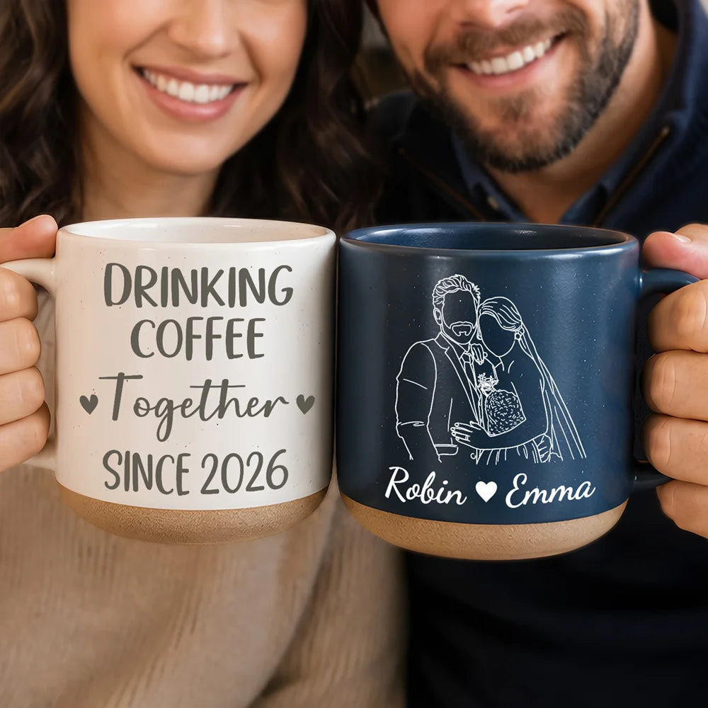 Art Design,Anniversary,Christmas,Old Couples,Romantic,Gift For Couples,Photo - Faceless Outline Sketch - Custom Photo Faceless Outline Sketch Couple Anniversary Drinking Coffee Together - Personalized Pottery Mug