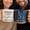 Art Design,Anniversary,Christmas,Old Couples,Romantic,Gift For Couples,Photo - Faceless Outline Sketch - Custom Photo Faceless Outline Sketch Couple Anniversary Drinking Coffee Together - Personalized Pottery Mug