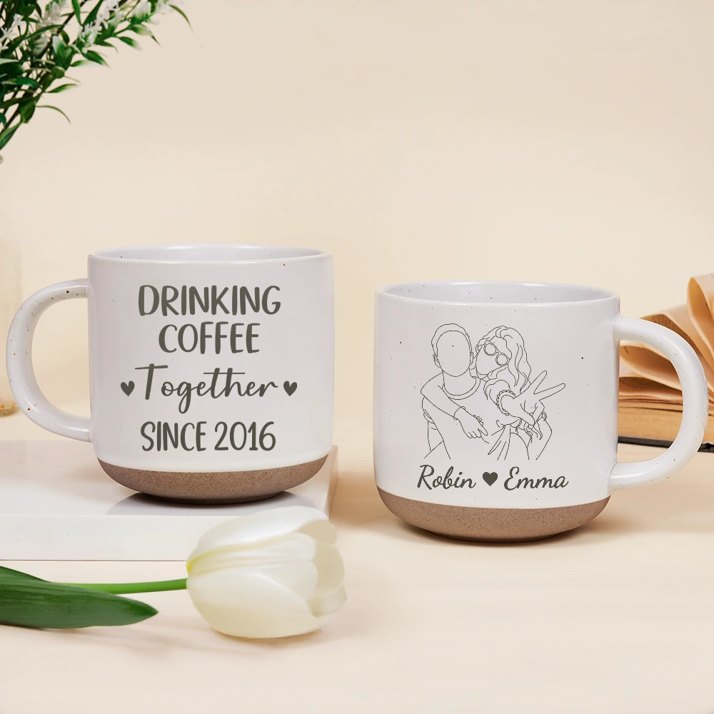 Art Design,Anniversary,Christmas,Old Couples,Romantic,Gift For Couples,Photo - Faceless Outline Sketch - Custom Photo Faceless Outline Sketch Couple Anniversary Drinking Coffee Together - Personalized Pottery Mug
