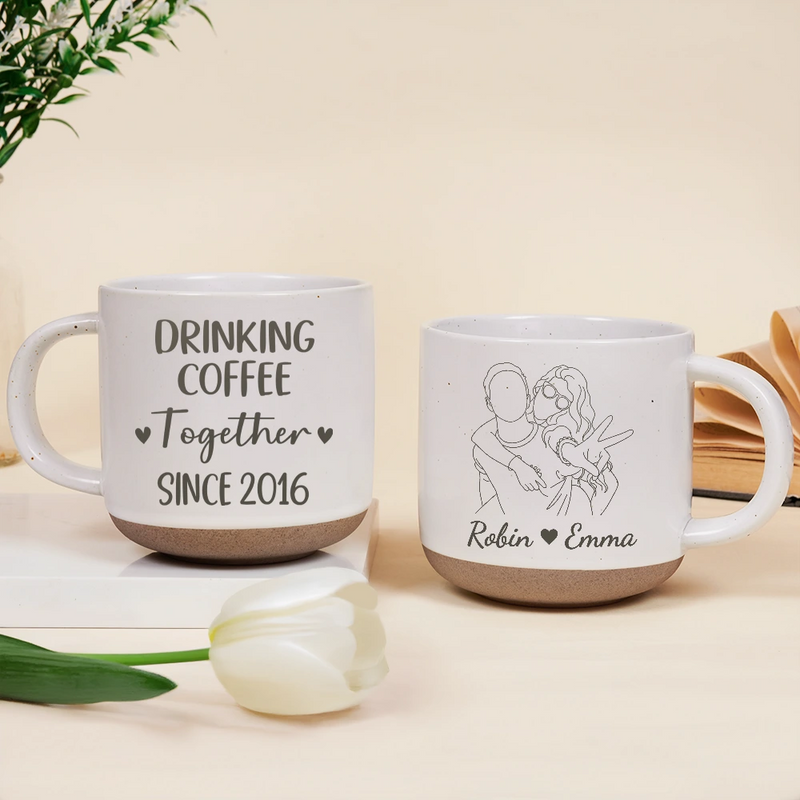 Art Design,Anniversary,Christmas,Old Couples,Romantic,Gift For Couples,Photo - Faceless Outline Sketch - Custom Photo Faceless Outline Sketch Couple Anniversary Drinking Coffee Together - Personalized Pottery Mug