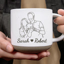 Art Design,Anniversary,Christmas,Old Couples,Romantic,Gift For Couples,Photo - Faceless Outline Sketch - Custom Photo Faceless Outline Sketch Couple Anniversary Drinking Coffee Together - Personalized Pottery Mug