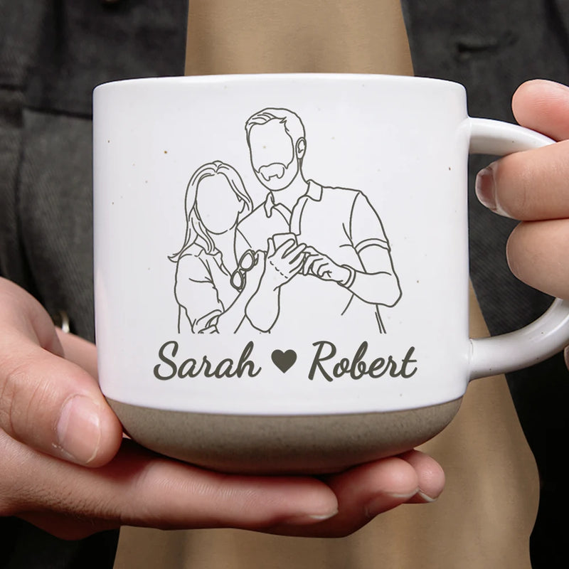 Art Design,Anniversary,Christmas,Old Couples,Romantic,Gift For Couples,Photo - Faceless Outline Sketch - Custom Photo Faceless Outline Sketch Couple Anniversary Drinking Coffee Together - Personalized Pottery Mug