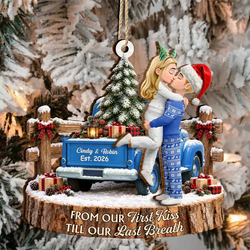 Anniversary,Christmas,Romantic,Gift For Couples,Vector - Farmhouse Romantic Couple From Our First Kiss - Personalized 2-Layered Wooden Ornament
