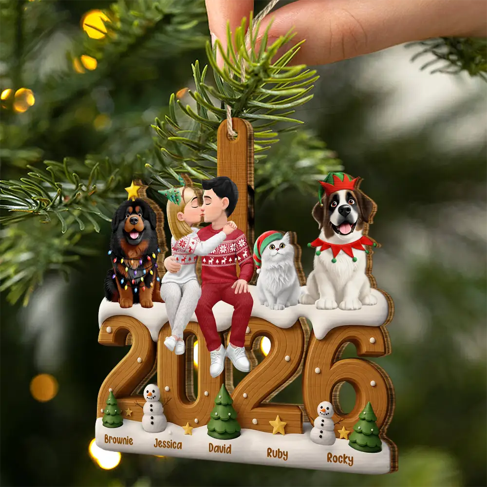 Pet Couple,Christmas,Romantic,Pet Lovers,Gift For Couples,Vector - Pet Couple Lovely Christmas Keepsake - Personalized Custom Shaped Wooden Ornament