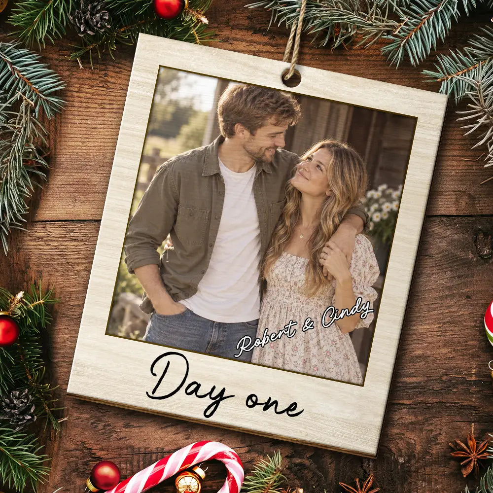 Christmas,Custom Photo,Romantic,Gift For Couples,Upload Full Photo - Custom Photo Couple Anniversary One Day Or Day One - Personalized Wooden Ornament