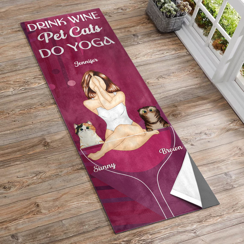 Yoga Drink Wine Pet Cats - Gift For Cat Mom - Personalized Yoga Towel