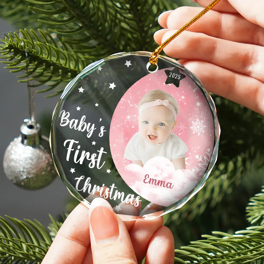 Custom Photo New Baby's First Christmas - Personalized Circle Glass Ornament