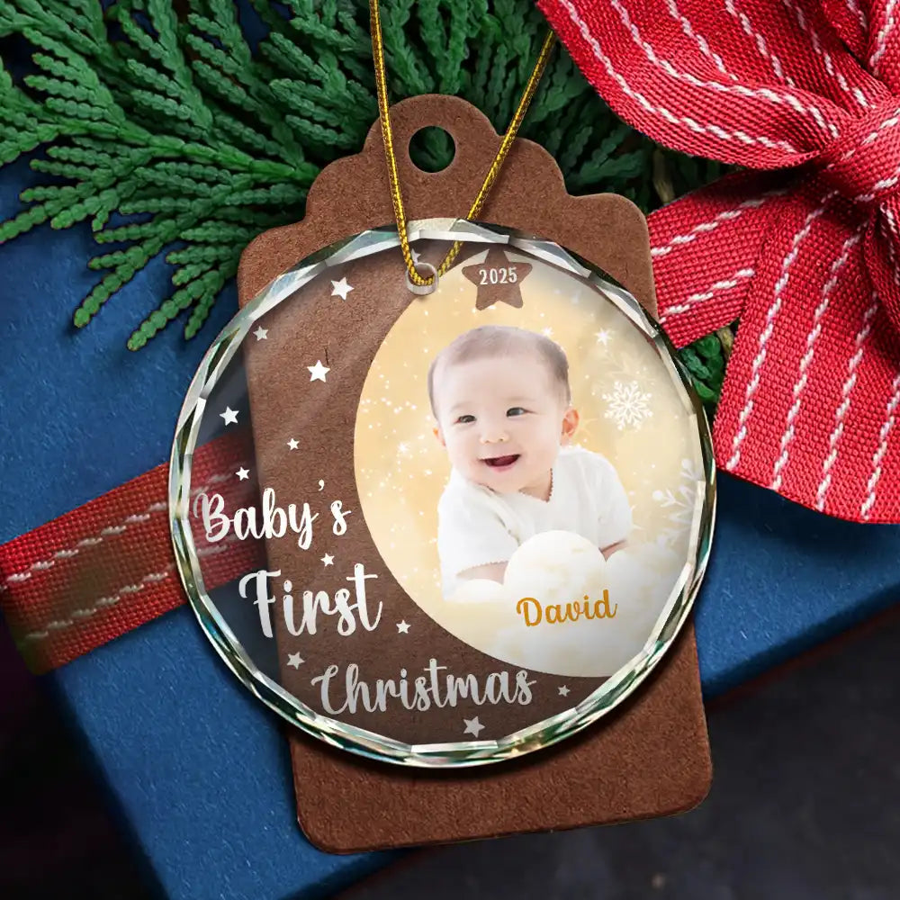 Custom Photo New Baby's First Christmas - Personalized Circle Glass Ornament