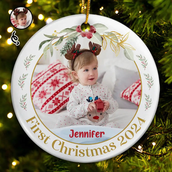 Custom Photo Baby's First Christmas - Personalized Circle Ceramic Ornament