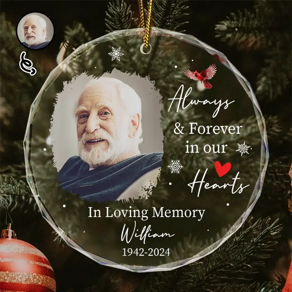 Custom Photo Always & Forever In Our Hearts - Personalized Circle Glass Ornament