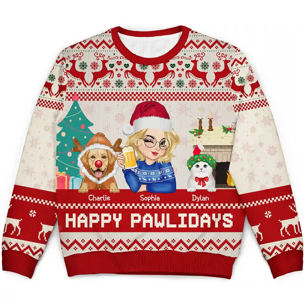 Christmas Pet Lovers Happy Pawlidays - Personalized Unisex Ugly Sweater