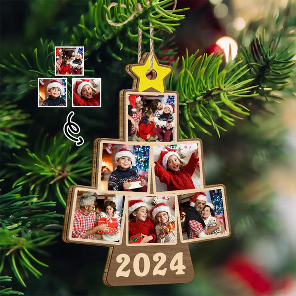 Family - Custom Photo Family Christmas Tree - Personalized Custom Shaped Wooden Ornament