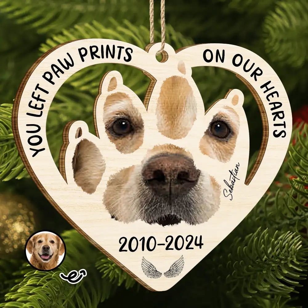 Dog Lovers, Memorial, Pet Lovers - Custom Photo Paw Prints On My Heart - Personalized Wooden Cutout Ornament