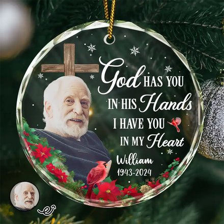 Christmas Custom Photo Memorial God Has You In His Hands - Personalized Circle Glass Ornament