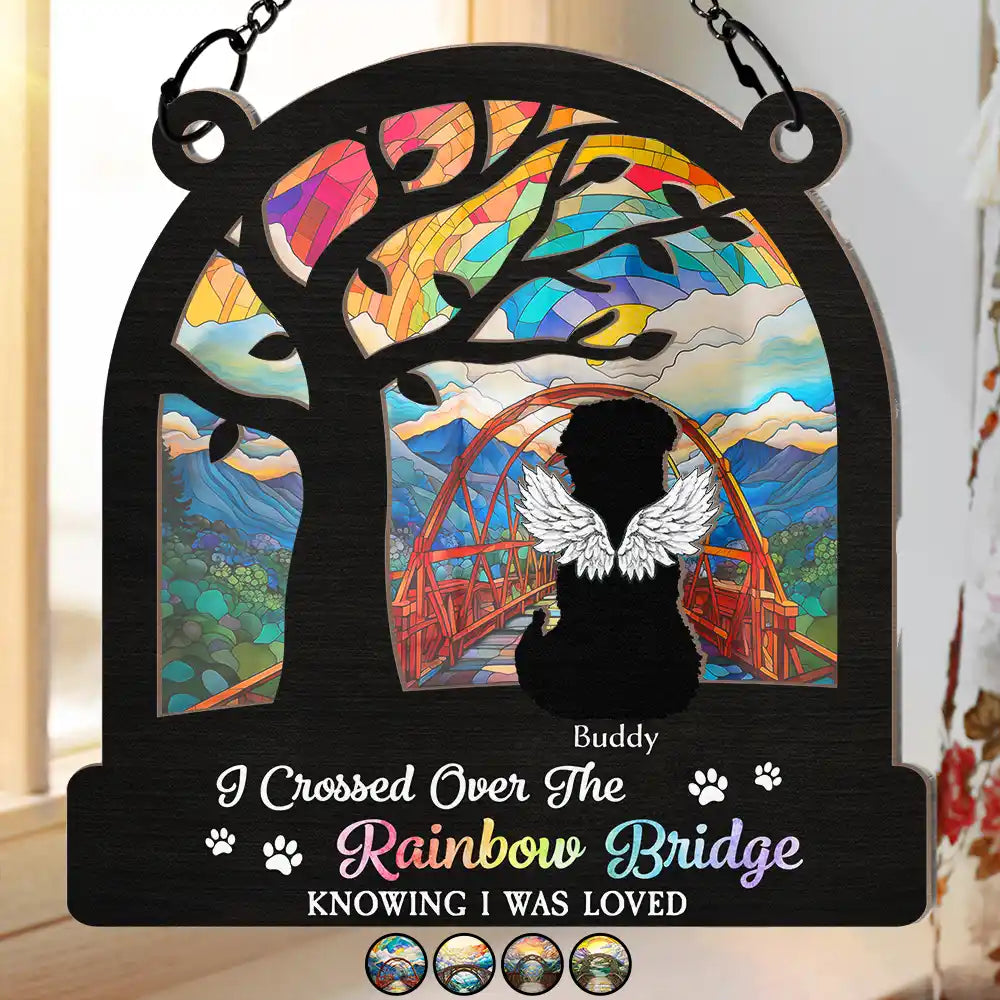 Dog Cat Silhouette Over The Rainbow Bridge - Personalized Window Hanging Suncatcher Ornament