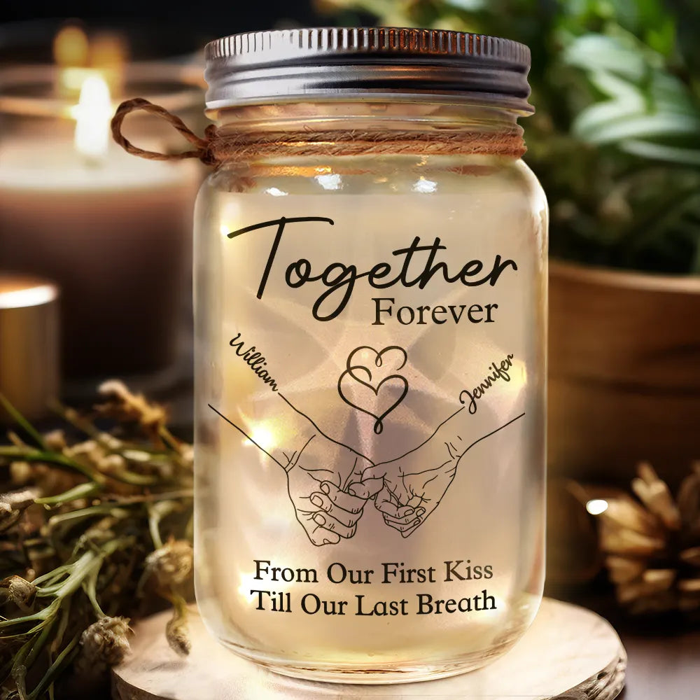 Gift For Couples, Gift For Husband, Gift For Wife, Gift For Boyfriend, Gift For Girlfriend - Couple Hold Hand From Our First Kiss - Personalized Mason Jar Light