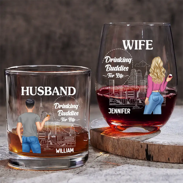 Gift For Couples, Gift For Husband, Gift For Wife, Gift For Boyfriend, Gift For Girlfriend - Husband & Wife Drinking Partners For Life - Personalized Combo Wine & Whiskey Glass