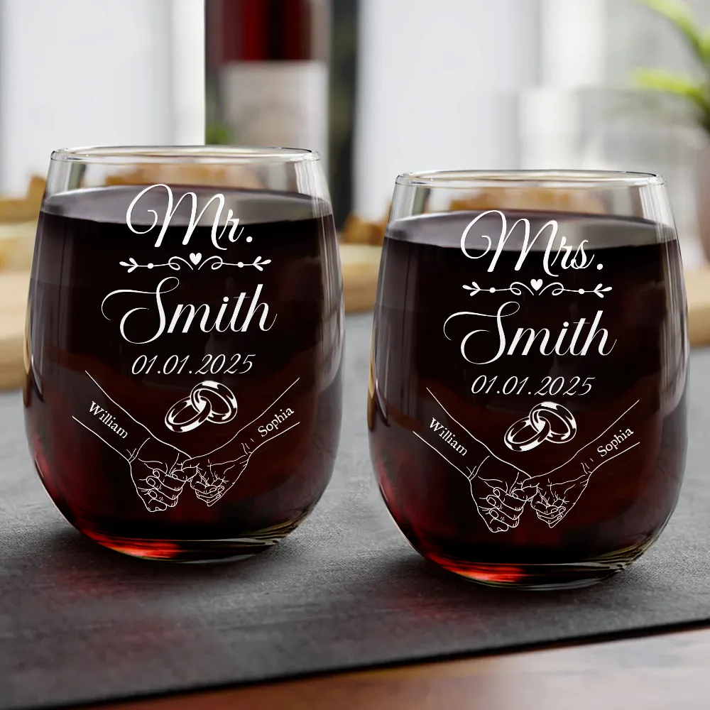 Mr & Mrs Holding Hands - Personalized Stemless Wine Glass