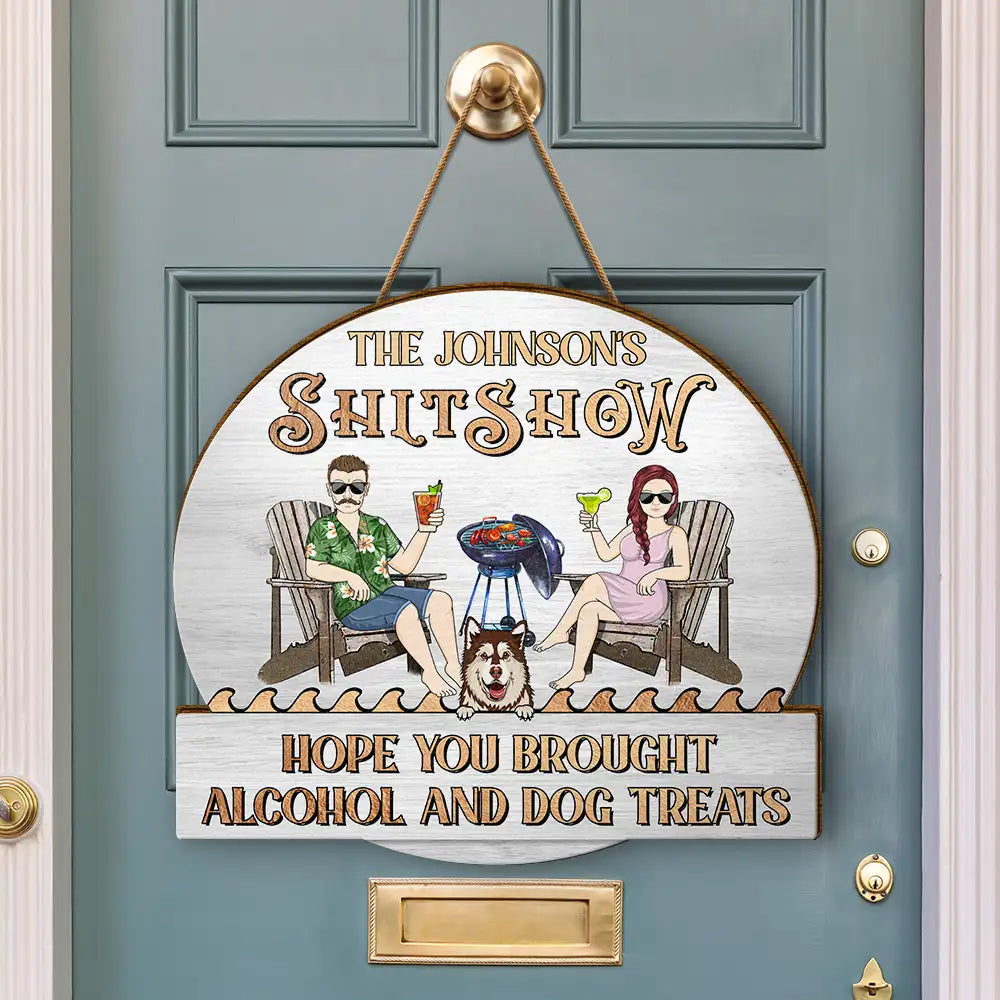Pet Lovers,Pet Couple,Patio,Poolside - Couple Pool & Patio Bar Hope You Brought Alcohol & Dog Treats - Personalized Custom Shaped Wood Sign