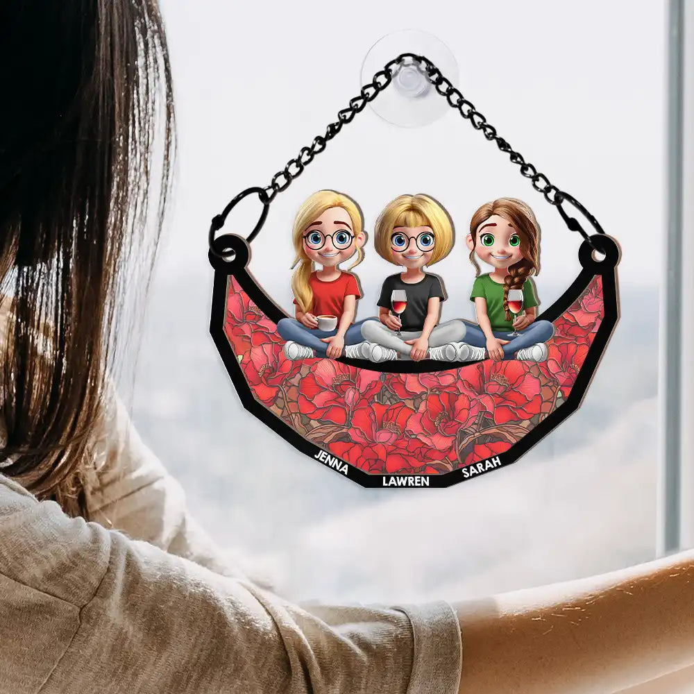 Gift For Bestie,Gift For Women - Bestie Sister Sitting On The Moon - Personalized Window Hanging Suncatcher Ornament