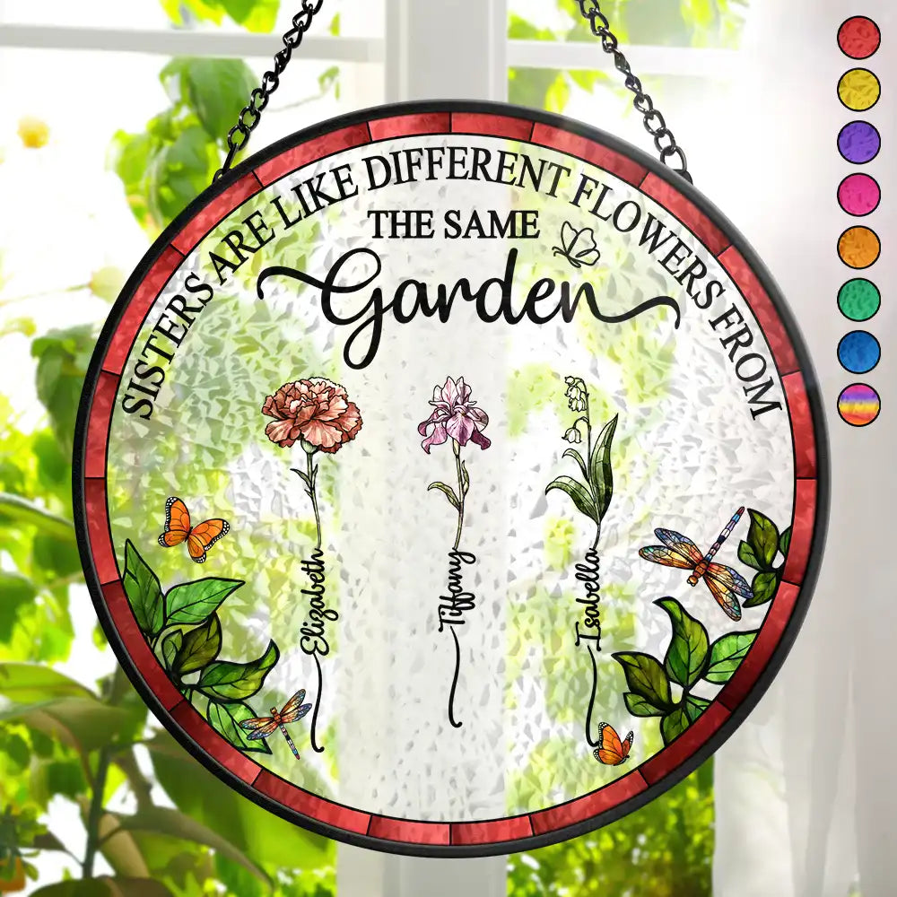 Gift For Yourself, Gift For Women, Gift For Sisters, Gift For Sibling, Love - Birth Flower Sisters From The Same Garden - Personalized Stained Glass Window Hanging Suncatcher
