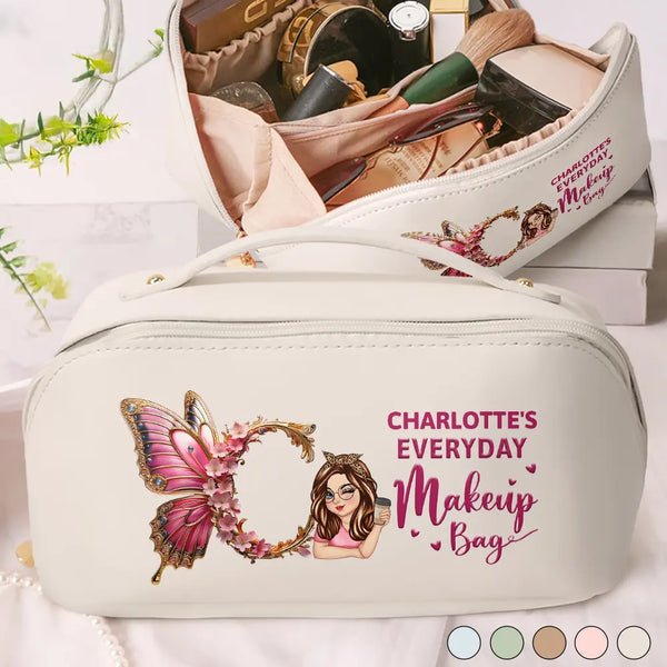 Gift For Yourself,Gift For Women,Happy - Flower Butterfly Monogram Little Reminder You're Beautiful - Personalized Leather Makeup Bag
