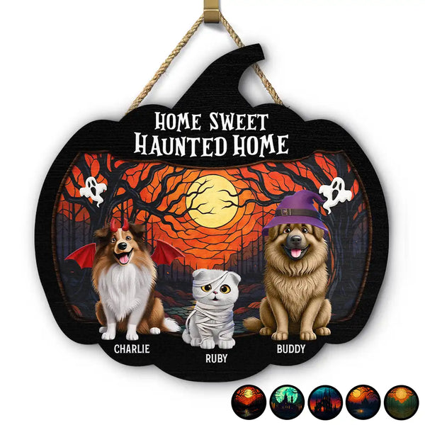 Halloween,Pet Lovers,Happy,Family,Cat Lovers,Dog Lovers - Halloween Home Sweet Haunted Home Pet Lovers - Personalized Custom Shaped Wood Sign
