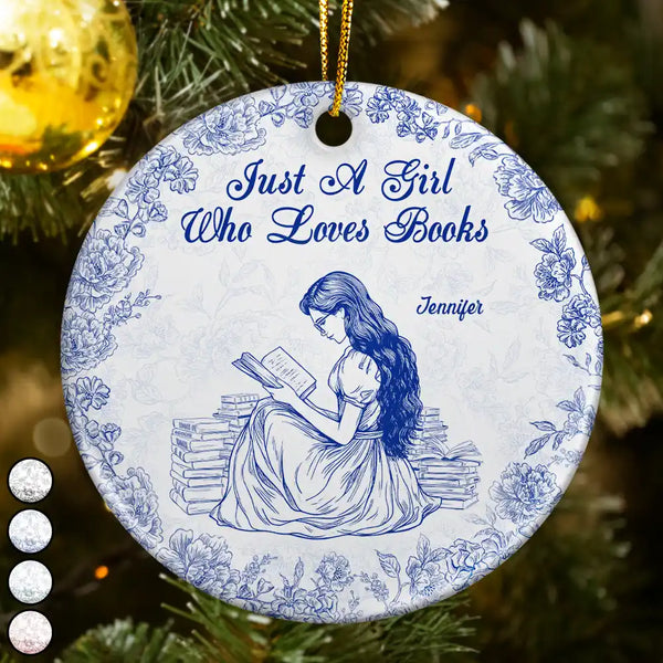 Gift For Yourself,Gift For Women,Reading,Happy,Christmas - A Girl Who Loves Books Chinoiserie Toile De Jouy - Personalized Circle Ceramic Ornament