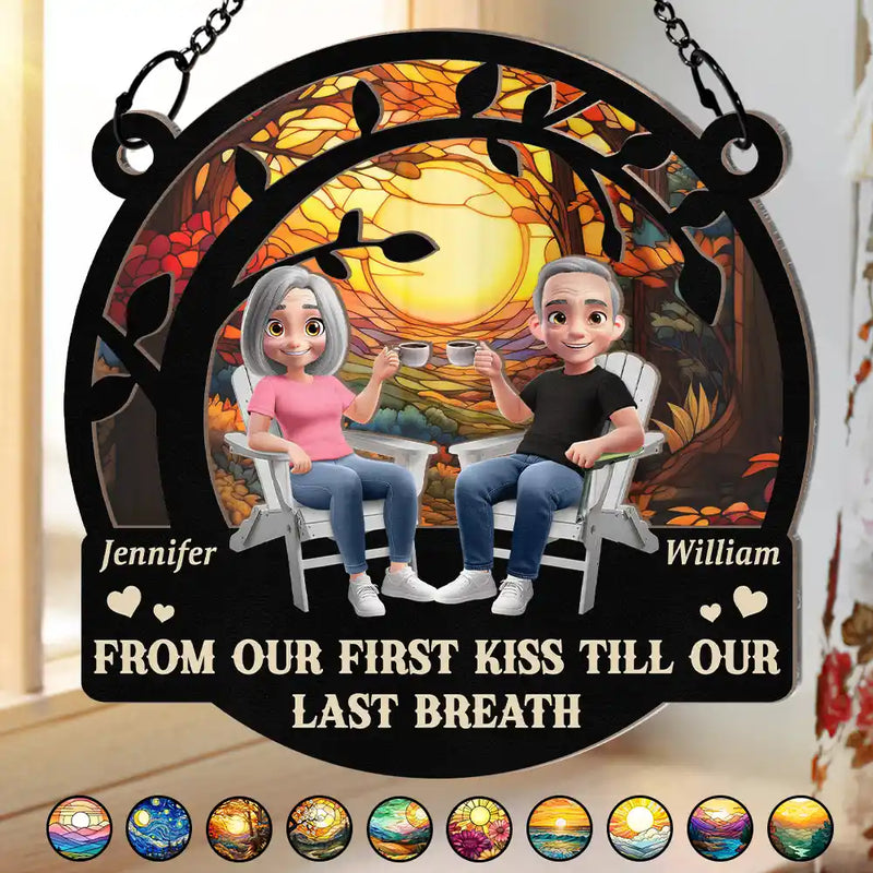 Old Couples,Gift For Husband,Gift For Wife,Love - 3D Effect Old Couple From Our First Kiss - Personalized Window Hanging Suncatcher Ornament
