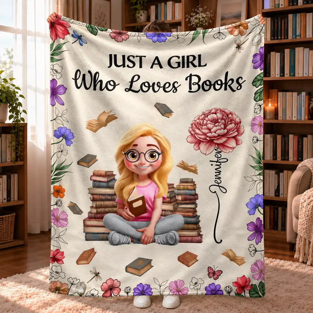 Reading Girl With Birth Month Flowers - Personalized Fleece Blanket, Sherpa Blanket